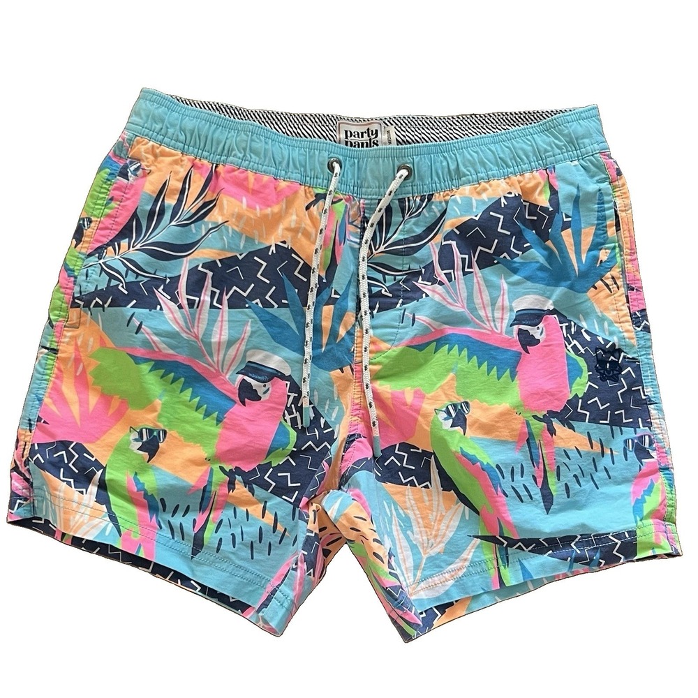 Party Pants Mens M Tropical Parrot Swim Trunks Shorts Blue Pink Beach Resort